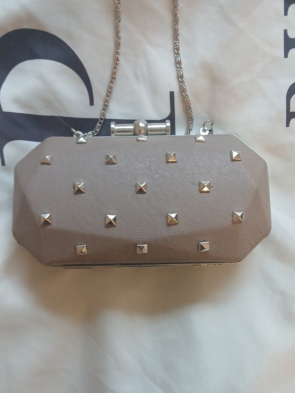 Studded Taupe Evening Clutch with Chain Strap